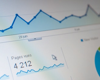 A computer screen displaying a data analytics dashboard with graphs and charts. A blue line graph shows fluctuations in data over time, and a section highlights the number of page views. A pie chart is partially visible, indicating a breakdown of different data elements.