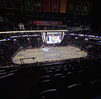 An indoor ice hockey arena with an illuminated scoreboard and a partially filled audience. The ice rink is visible with graphics projected onto the surface, and banners hang from the ceiling. Players are on the ice, and spectators are scattered throughout the stands.